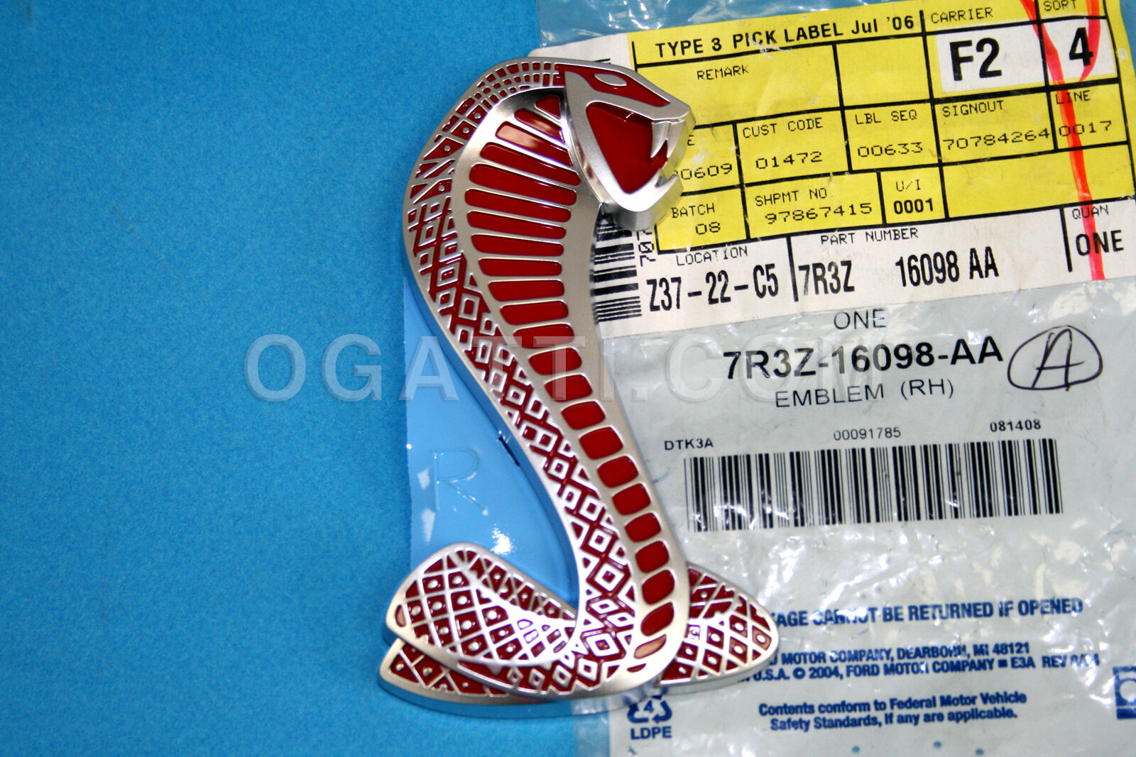 Brand New OEM FORD FRONT FENDER SNAKE COBRA RED Emblem RH PASSENGER SIDE MUSTANG SHELBY GT-500 2007-2014 7R3Z-16098-AA - Imagen 3